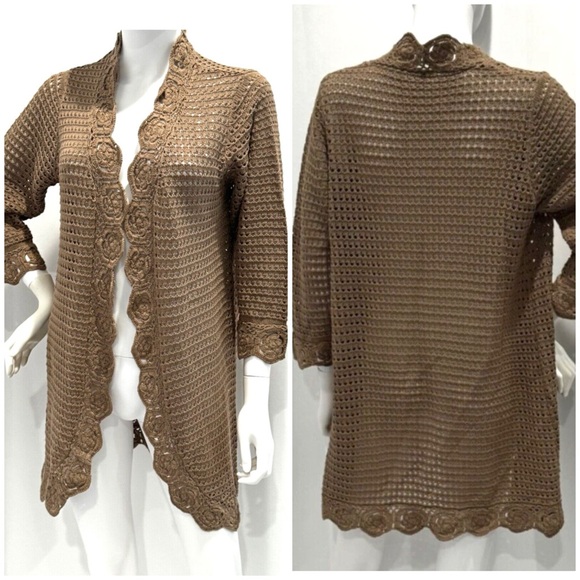 Liz Claiborne Cardigan Sweater Womens 1X Taupe Open Knit 3/4 Sleeves Crochet - Picture 1 of 10